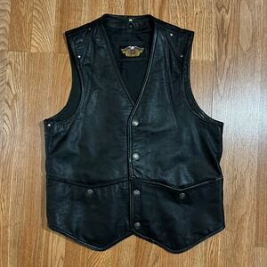 VTG Harley-Davidson 90s Black Leather Motorcycle Biker Vest Medium Buckle Back